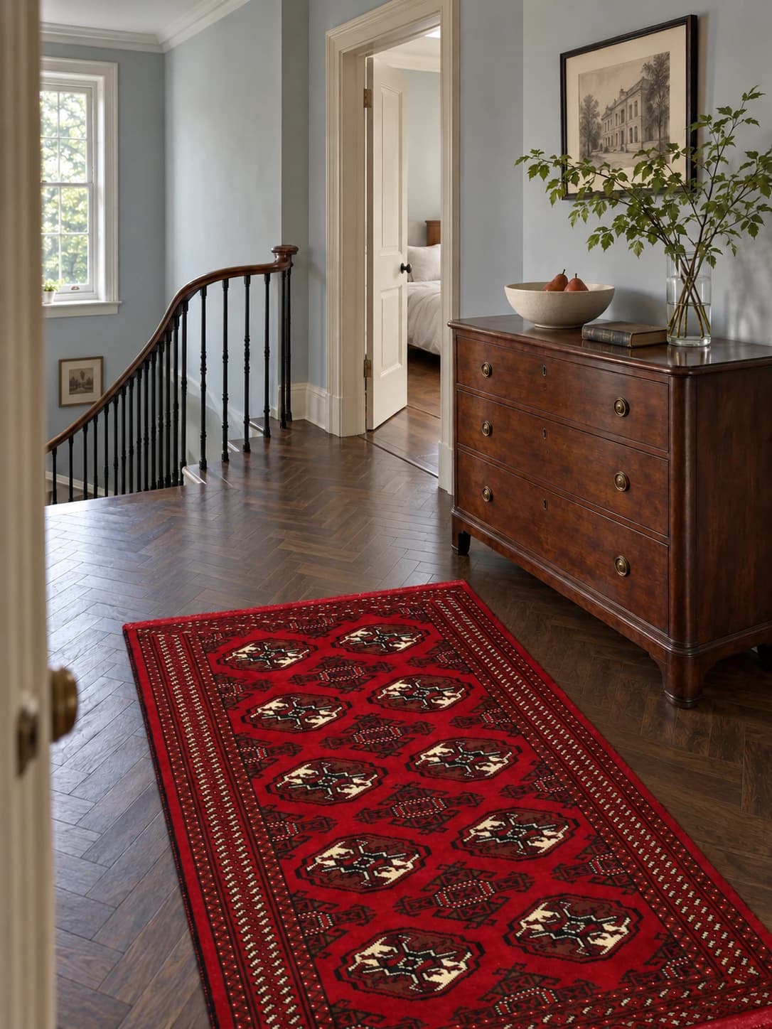 Persian Turkoman rug, oriental, 98x149 cm, mainly red — In a room