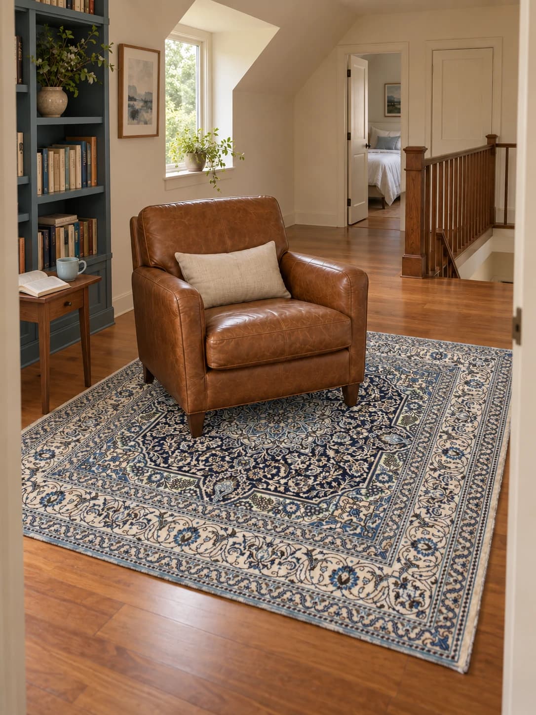 Tapis persan Nain, oriental, 195x202 cm, principalement bleu et blanc — Dans une pièce