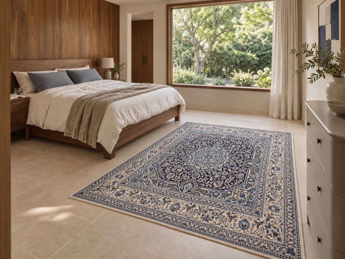Tapis persan Nain, oriental, 195x202 cm, principalement bleu et blanc — Dans une pièce