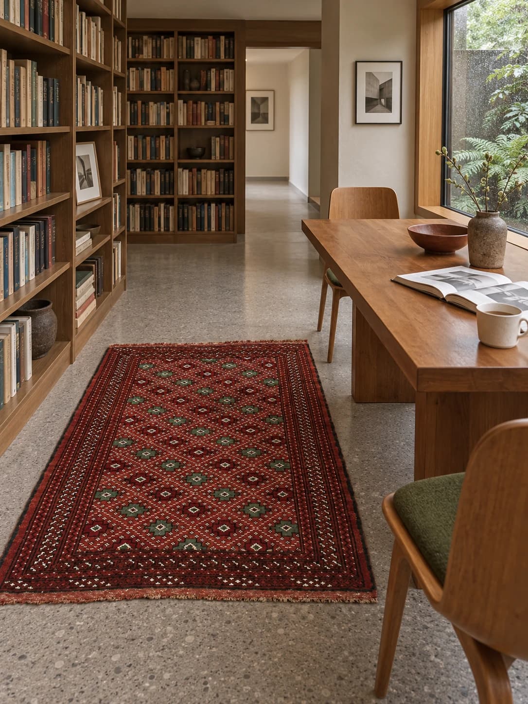 Tapis persan turkmène, oriental, 102x150 cm, principalement marron et rouge — Dans une pièce