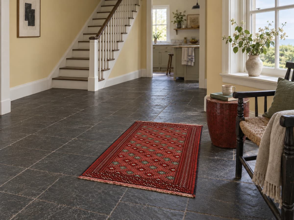 Tapis persan turkmène, oriental, 102x150 cm, principalement marron et rouge — Dans une pièce