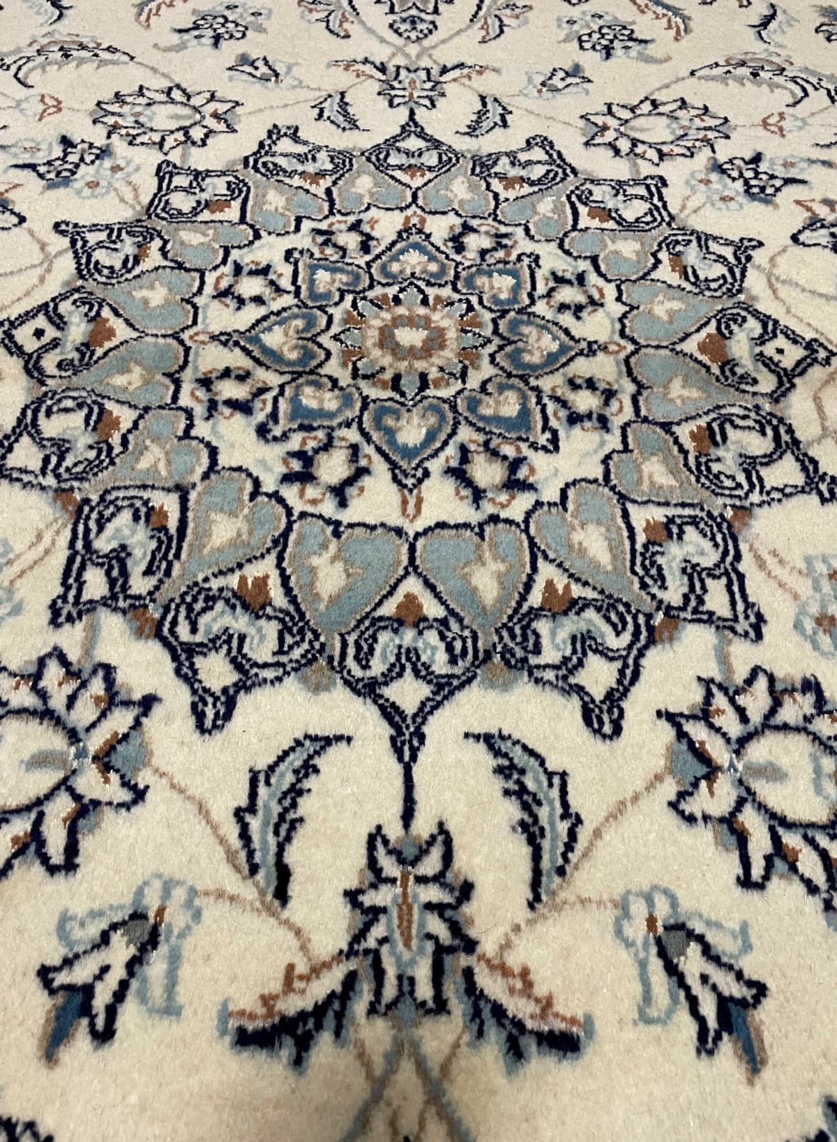Persian Nain rug, floral, 200x205 cm, mainly cream and blue — Texture close-up