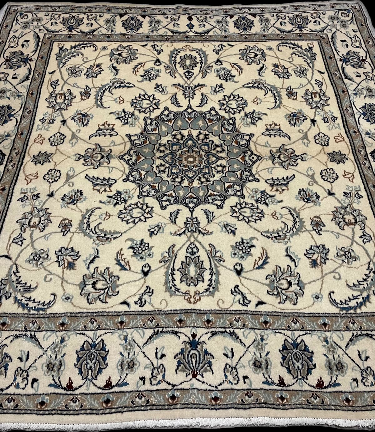 Persian Nain rug, floral, 200x205 cm, mainly cream and blue — Perspective