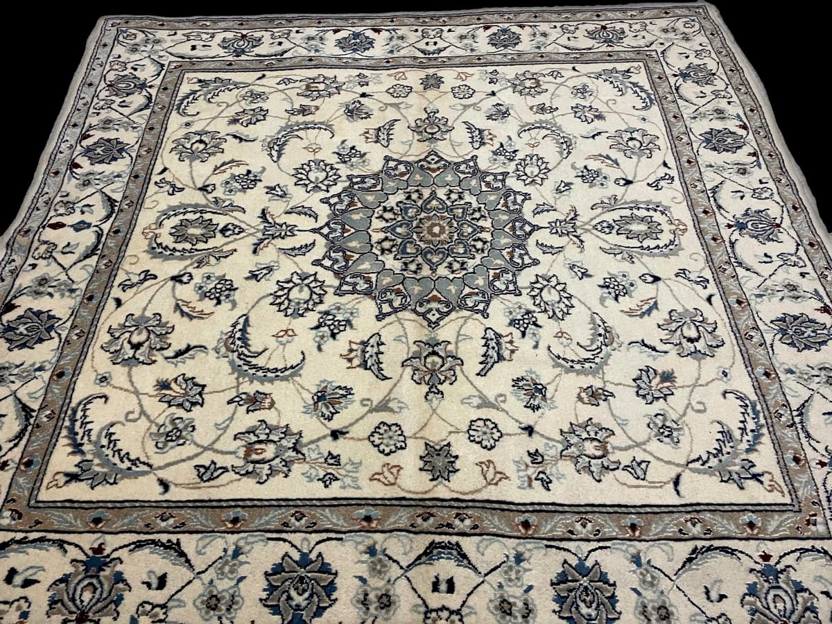 Persian Nain rug, floral, 200x205 cm, mainly cream and blue — Perspective
