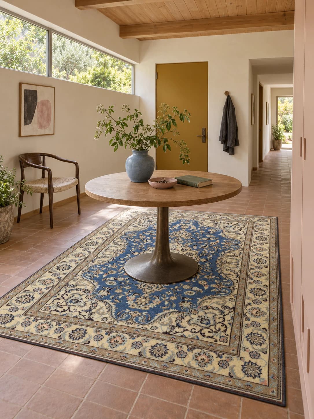 Tapis persan Nain, oriental, 168x238 cm, principalement bleu et blanc — Dans une pièce