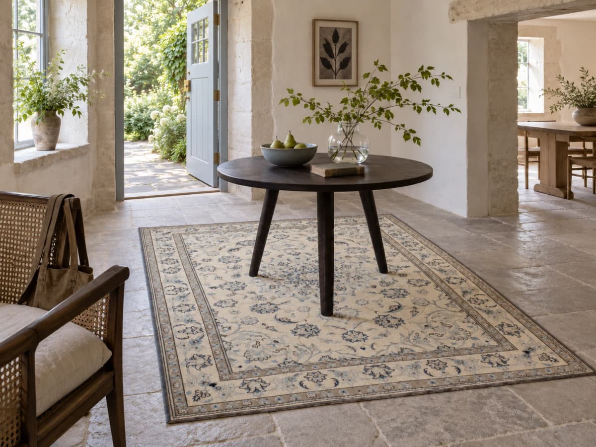 Perserteppich Nain, orientalisch, 166x232 cm, überwiegend in Weiß — Im Raum