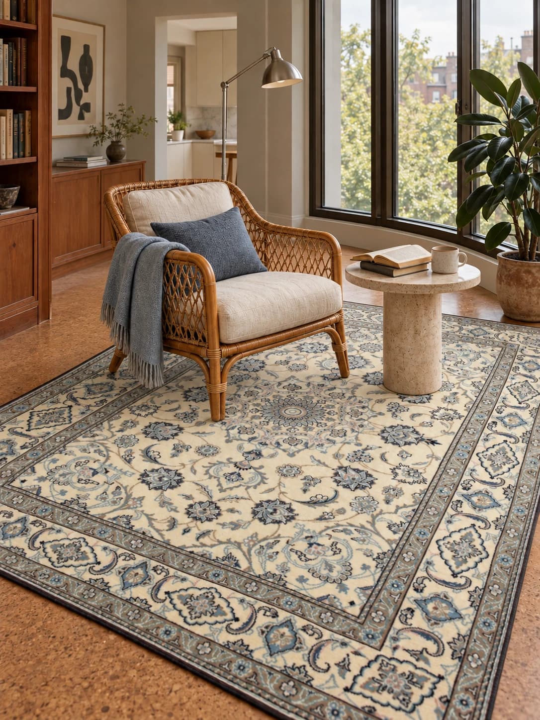 Perserteppich Nain, orientalisch, 167x237 cm, überwiegend in Blau und Weiß — Im Raum