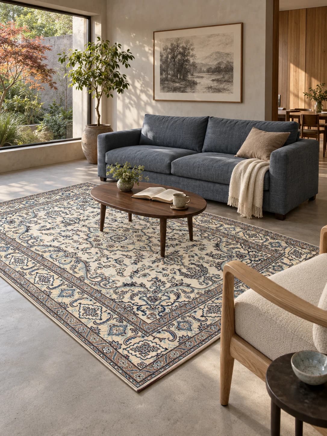 Persian Nain rug, oriental, 164x255 cm, mainly cream and blue — In a room