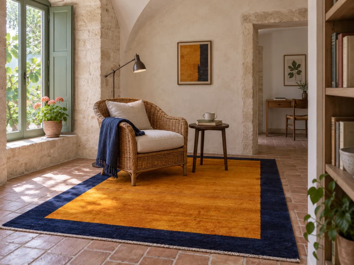 Perserteppich Gabbeh, orientalisch, 164x240 cm, überwiegend in Orange — Im Raum