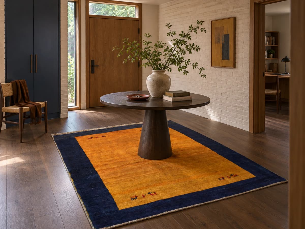 Perserteppich Gabbeh, orientalisch, 160x202 cm, überwiegend in Orange — Im Raum
