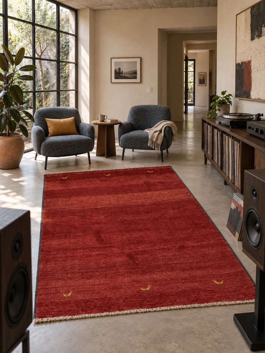 Perserteppich Gabbeh, orientalisch, 150x210 cm, überwiegend in Rot — Im Raum