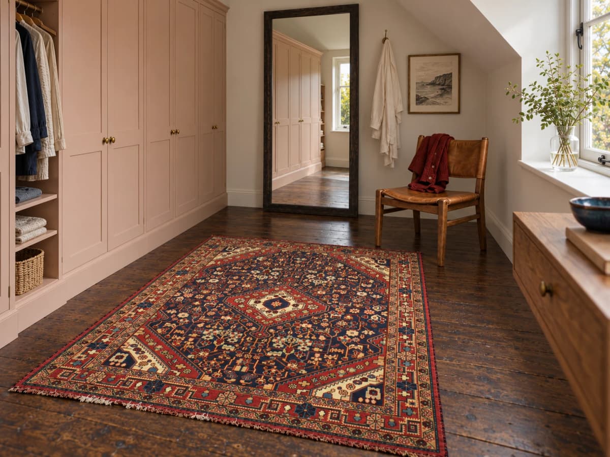 Perserteppich Malayer, orientalisch, 114x163 cm, überwiegend in Rot und Blau — Im Raum