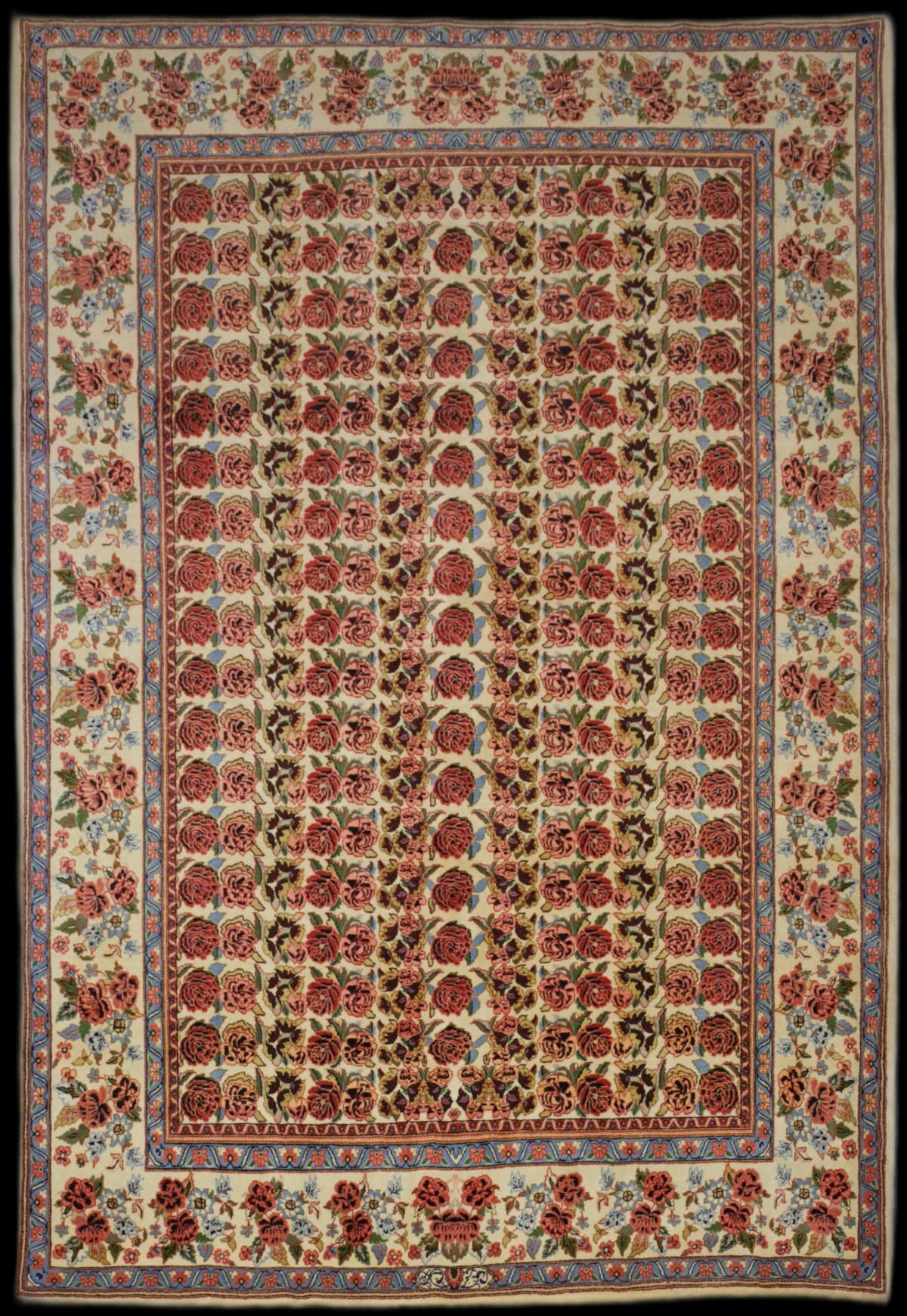 alfombra persa de estilo alfombra floral en dimensiones 306 centímetros de largo por 211 centímetros de ancho con colores principalmente beige