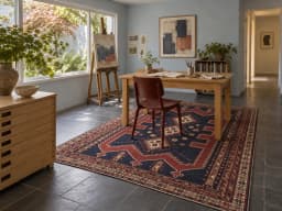 Perzisch tapijt, 180x310 cm, overwegend blauw en rood — In een kamer