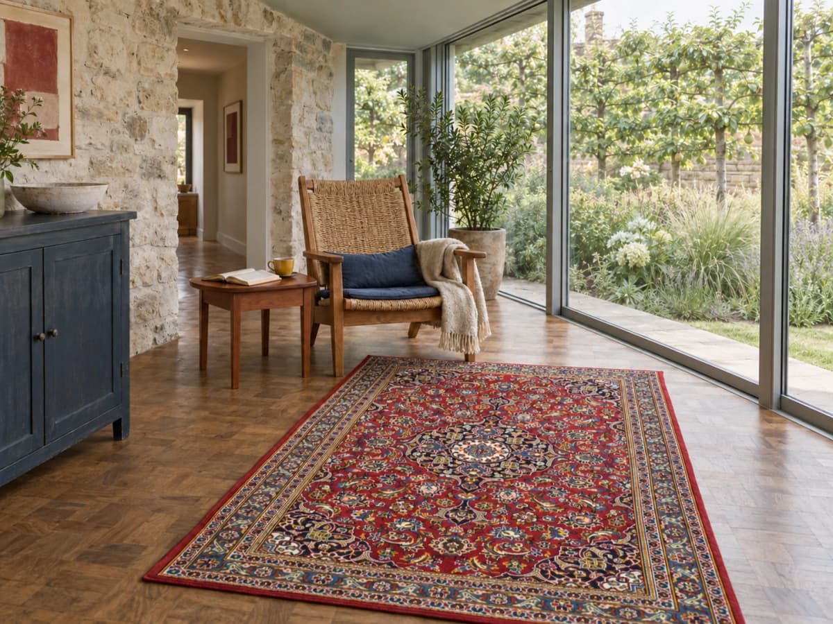 Perserteppich Kashan, orientalisch, 120x184 cm, überwiegend in Rot und Blau — Im Raum