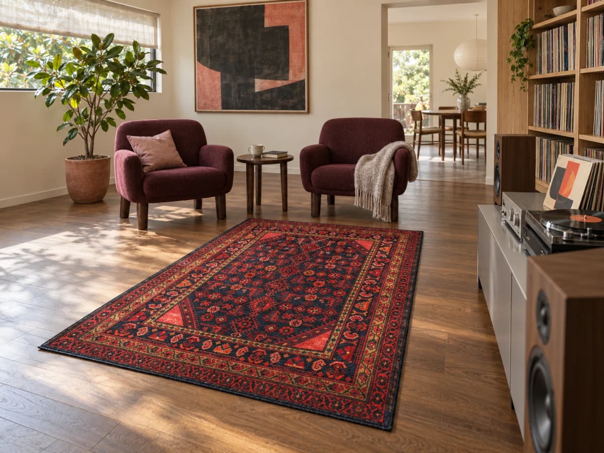 Perserteppich Turkmene, orientalisch, 106x164 cm, überwiegend in Rot und Schwarz — Im Raum