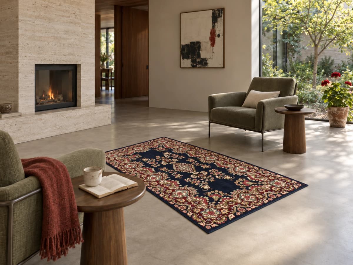 Perserteppich Kerman, orientalisch, 123x217 cm, überwiegend in Rot und Blau — Im Raum