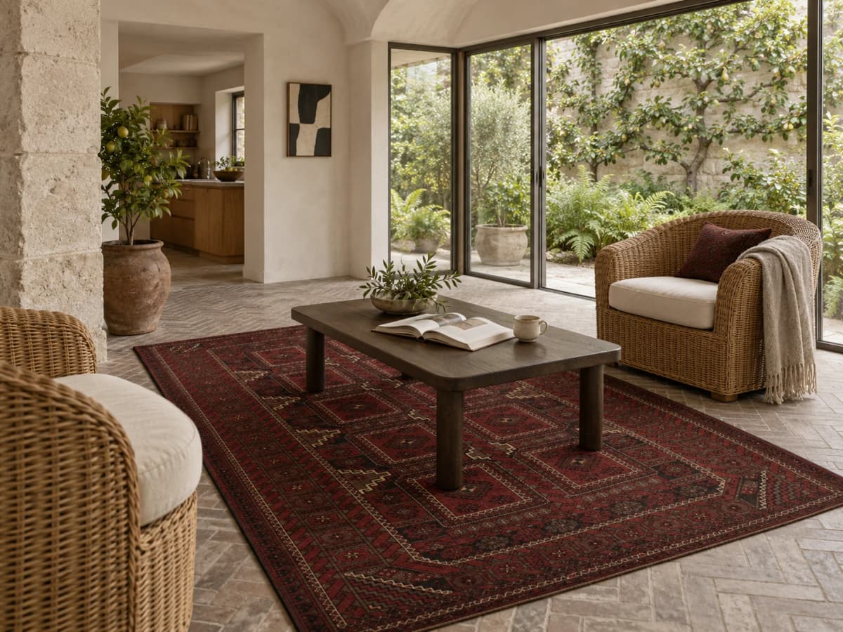 Perserteppich, orientalisch, 173x270 cm, überwiegend in Rot und Schwarz — Im Raum