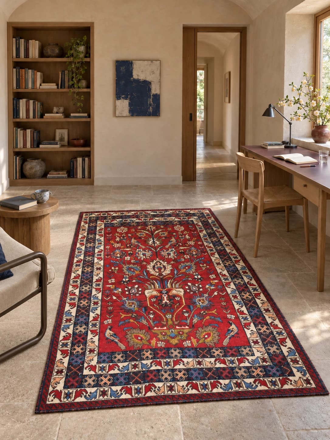 Perserteppich Belutsch, orientalisch, 137x220 cm, überwiegend in Rot und Blau — Im Raum