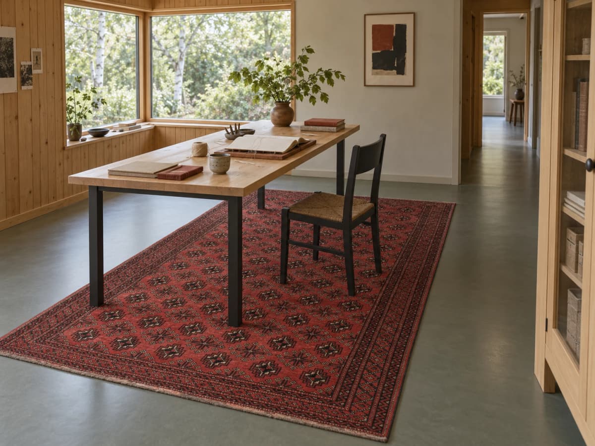 Perserteppich, geometrisch, 150x294 cm, überwiegend in Rot — Im Raum