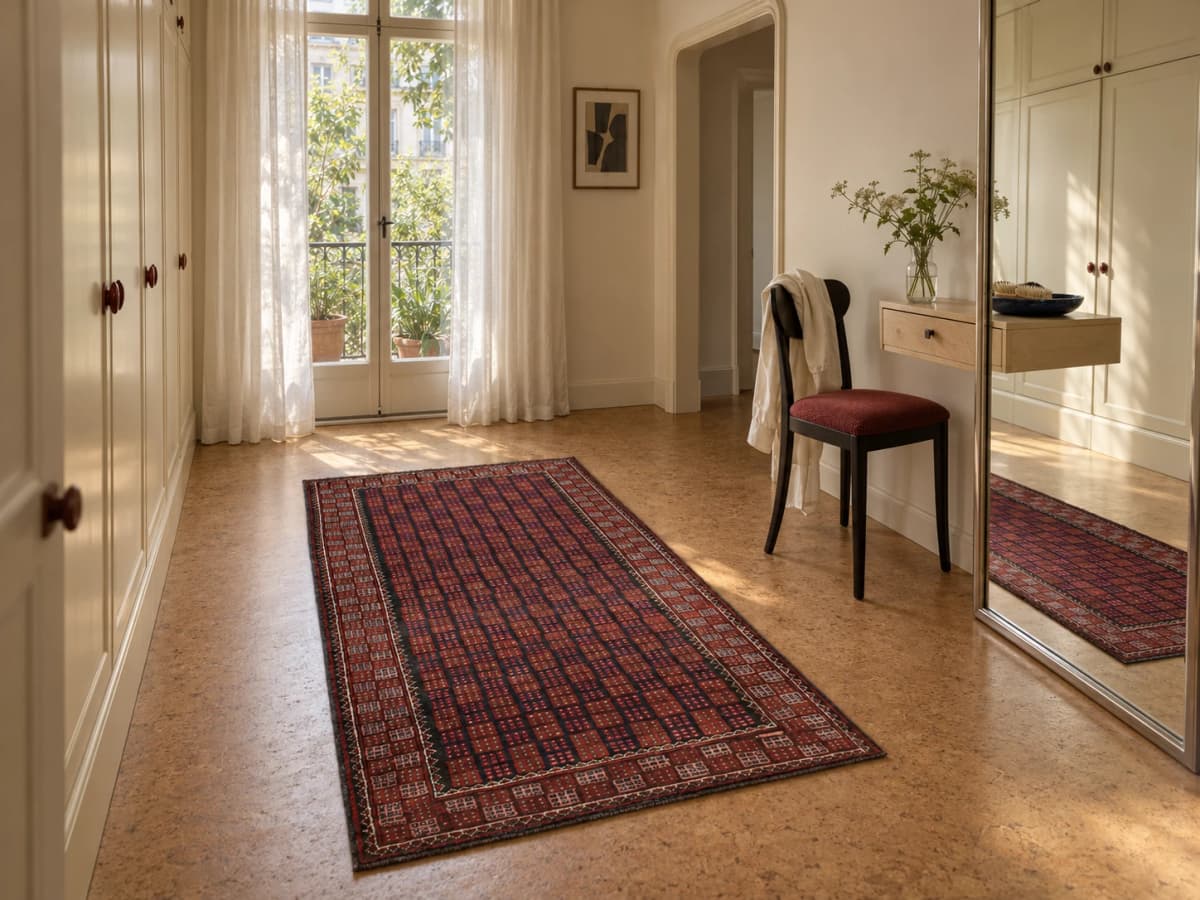 Perserteppich Belutsch, orientalisch, 93x170 cm, überwiegend in Braun und Blau — Im Raum