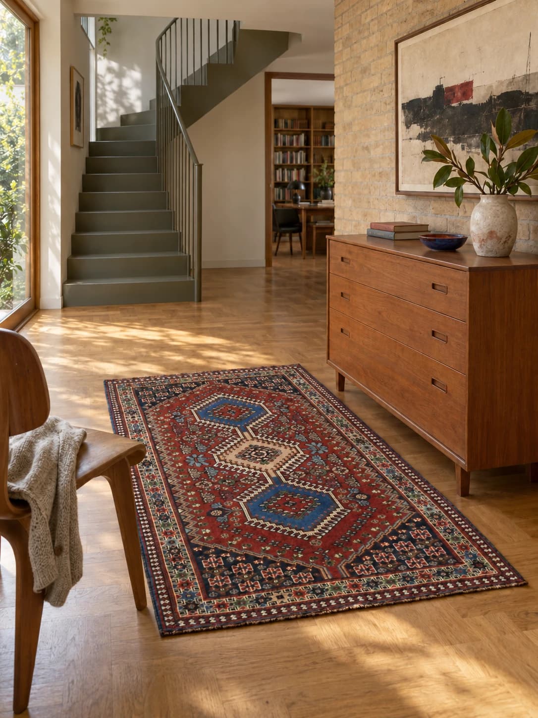 Perserteppich Bakhtiari, geometrisch, 85x148 cm, überwiegend in Blau und Orange — Im Raum