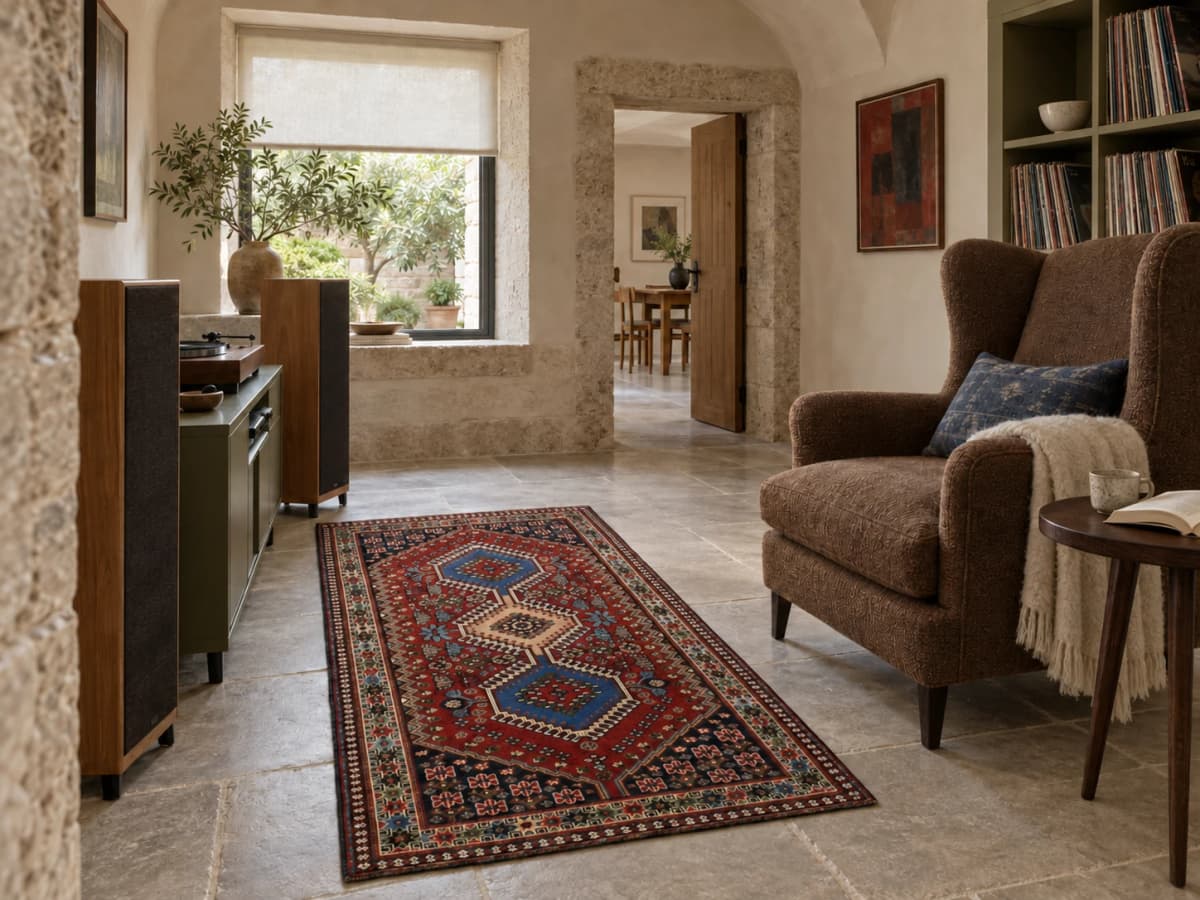 Perserteppich Bakhtiari, geometrisch, 85x148 cm, überwiegend in Blau und Orange — Im Raum