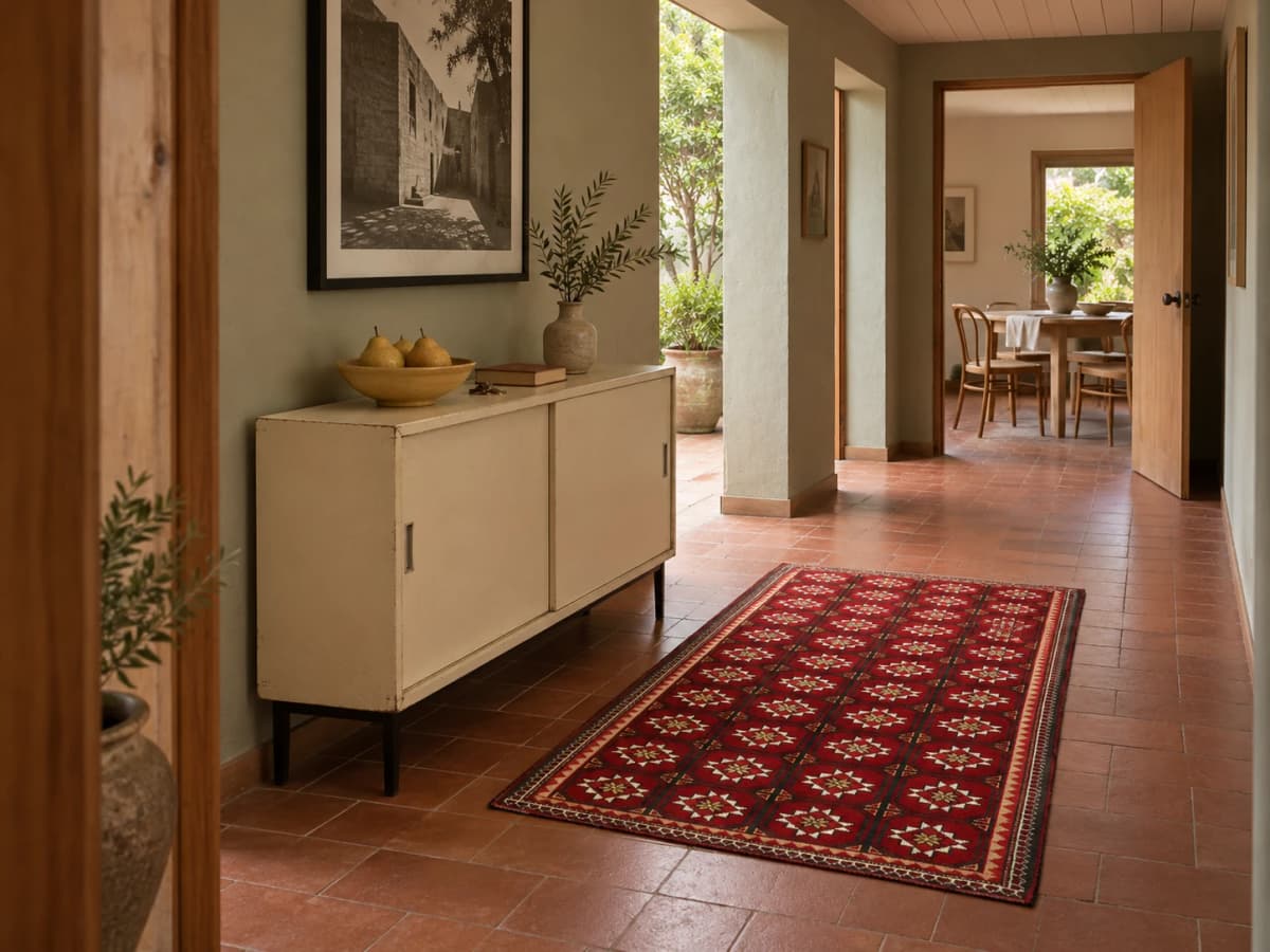Perserteppich Belutsch, orientalisch, 92x150 cm, überwiegend in Rot — Im Raum