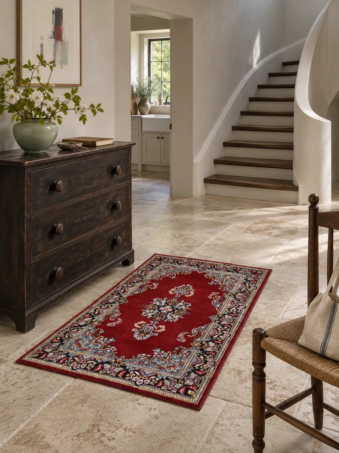 Perserteppich Kerman, orientalisch, 88x145 cm, überwiegend in Rot — Im Raum