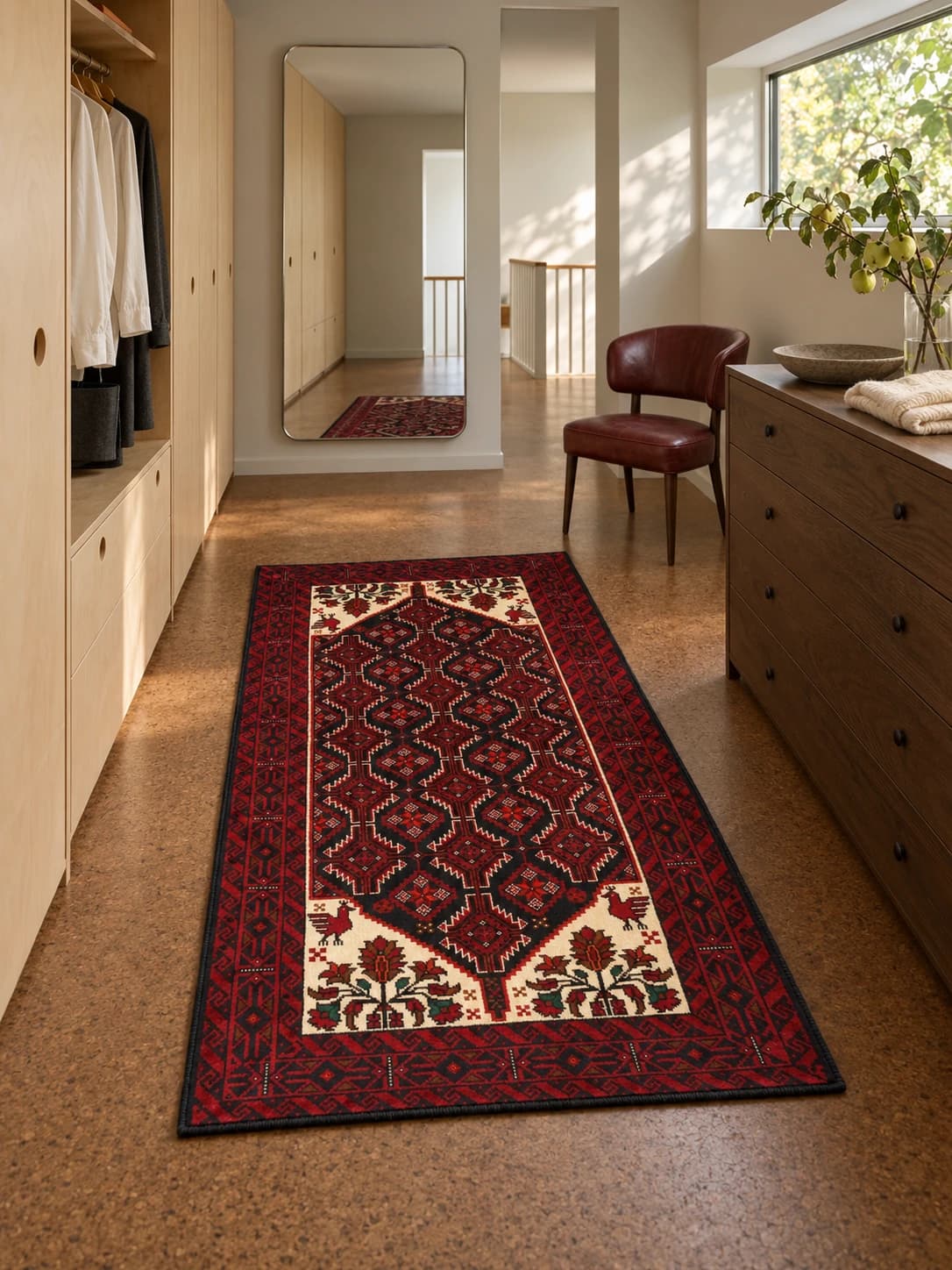 Tapis persan baloutche, oriental, 105x194 cm, principalement rouge — Dans une pièce