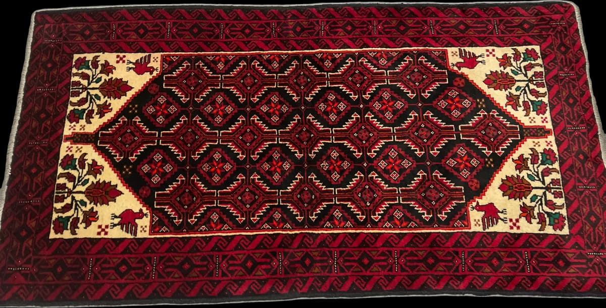 Tapis persan baloutche, oriental, 105x194 cm, principalement rouge — Perspective