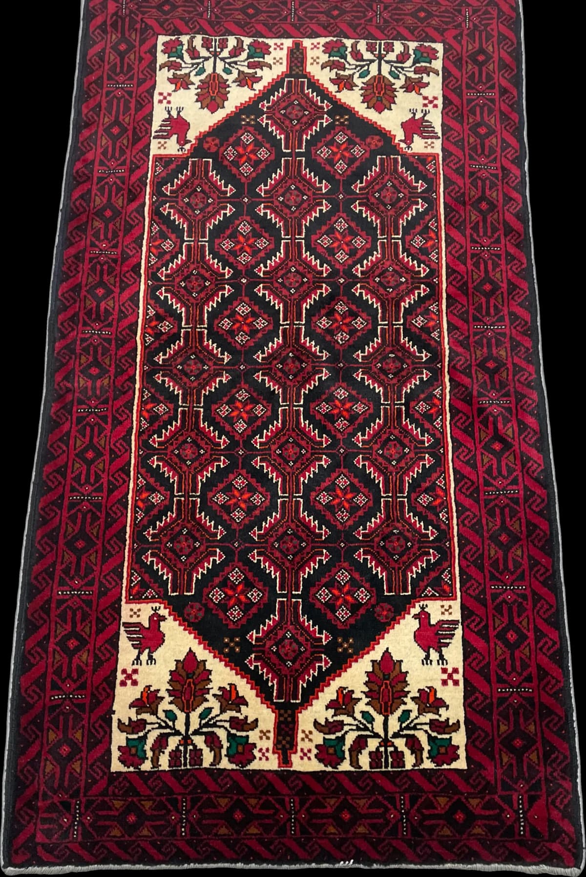 Tapis persan baloutche, oriental, 105x194 cm, principalement rouge — Perspective