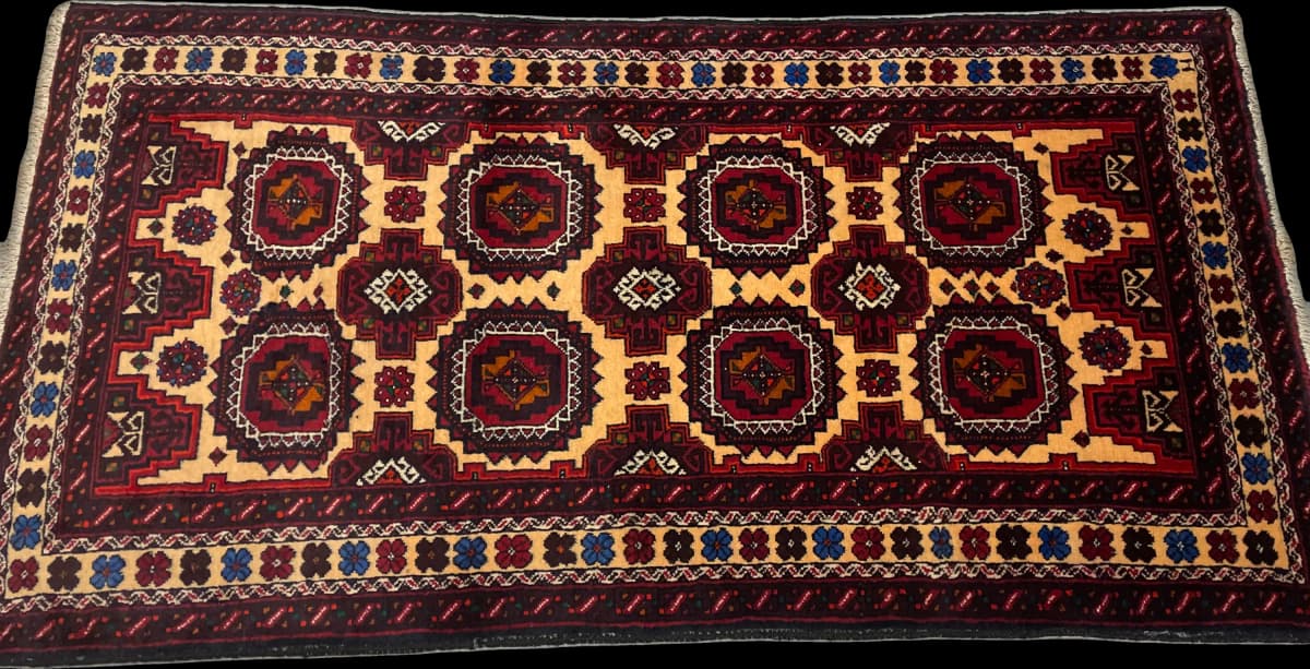 Persian Baluch rug, geometric, 100x193 cm, mainly red and orange — Perspective