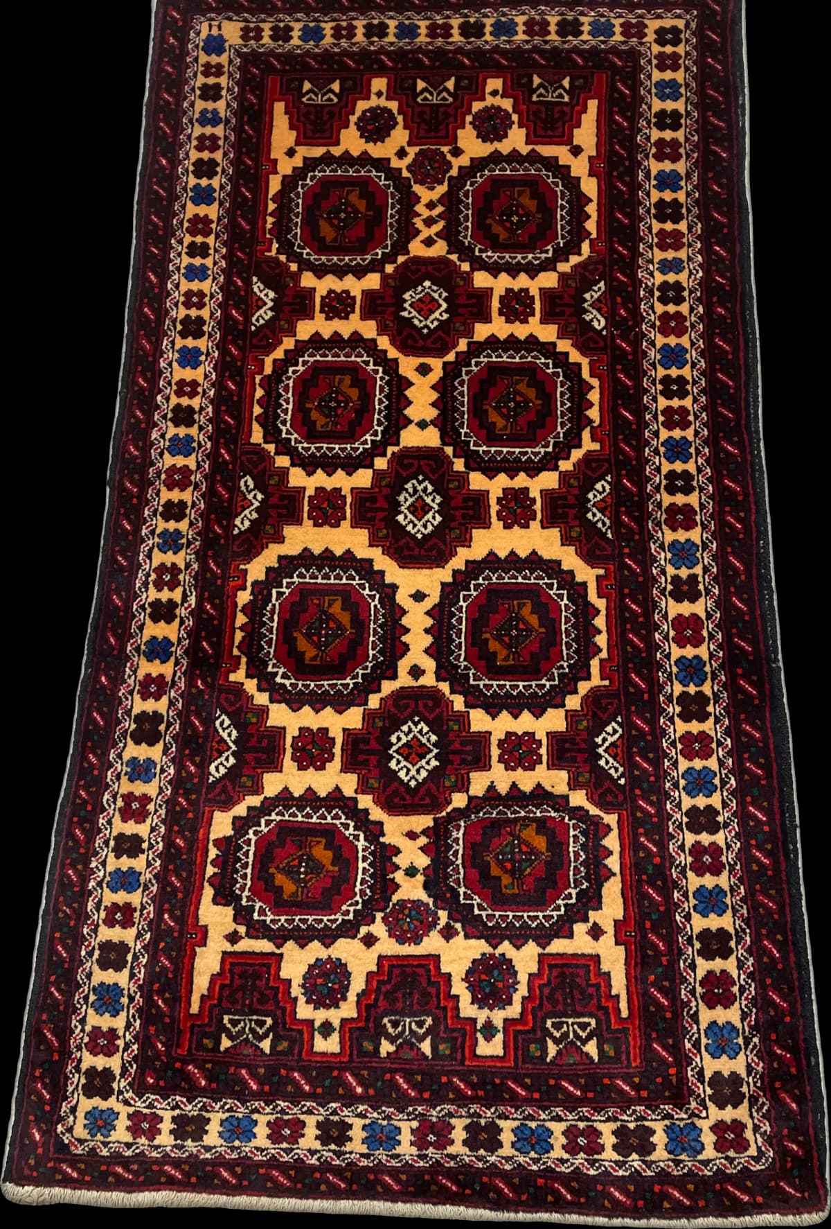 Persian Baluch rug, geometric, 100x193 cm, mainly red and orange — Perspective
