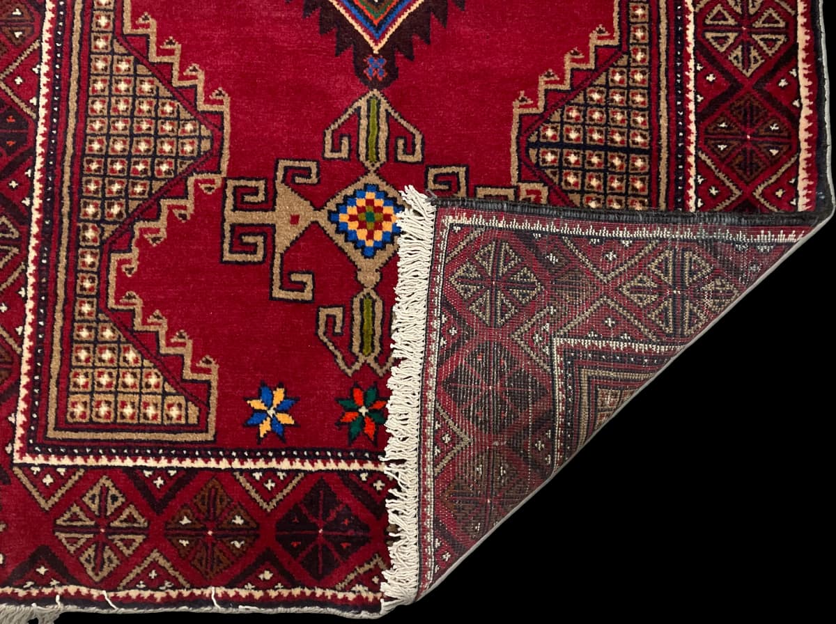 Tapis persan baloutche, oriental, 100x195 cm, principalement rouge — Plié