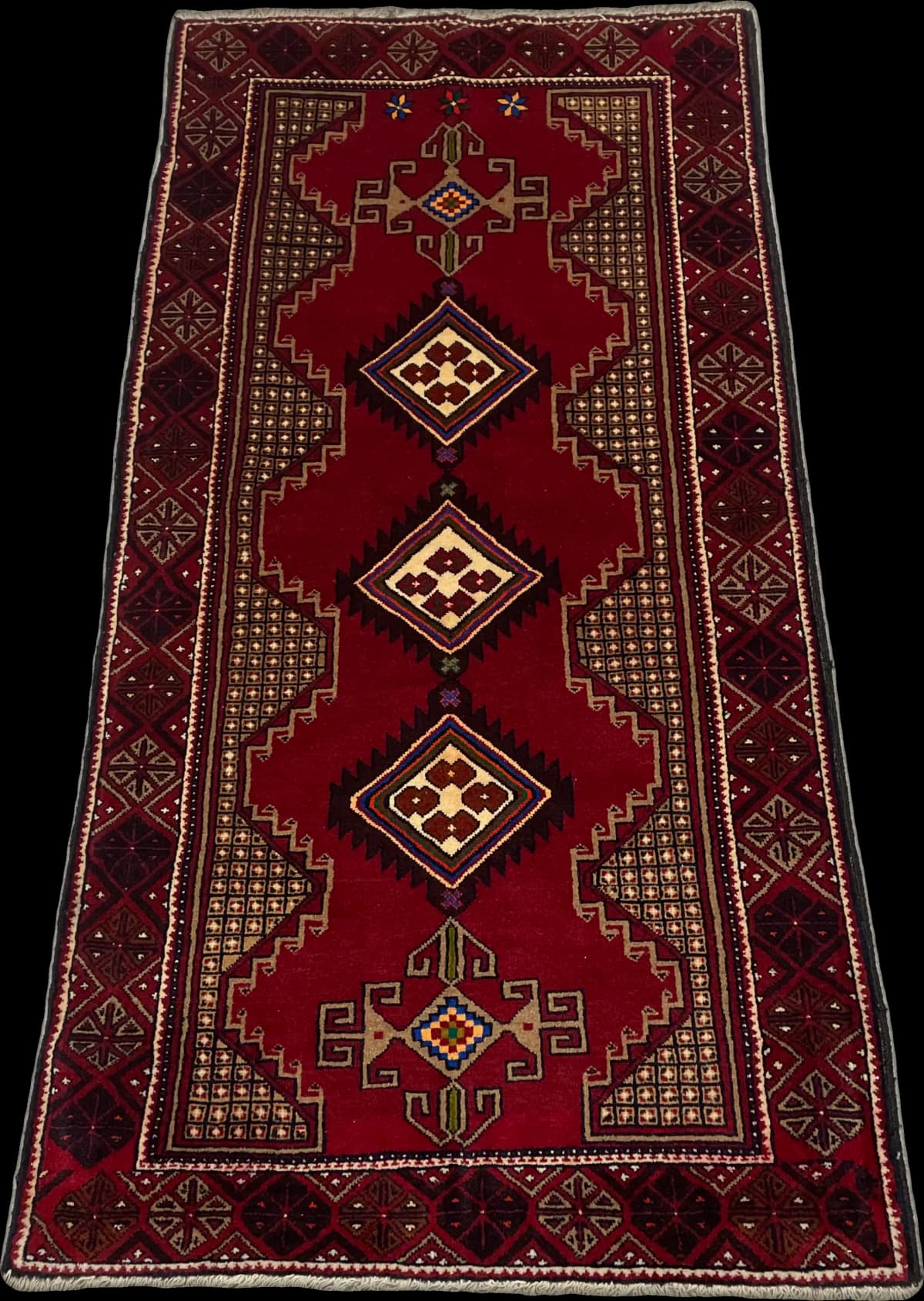 Tapis persan baloutche, oriental, 100x195 cm, principalement rouge — Perspective