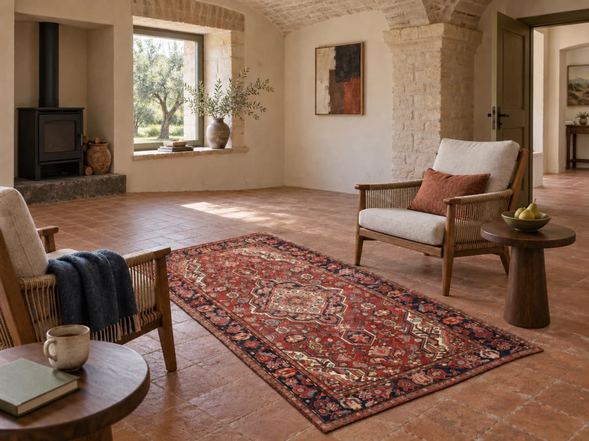 Perserteppich Bakhtiari, orientalisch, 123x202 cm, überwiegend in Rot — Im Raum