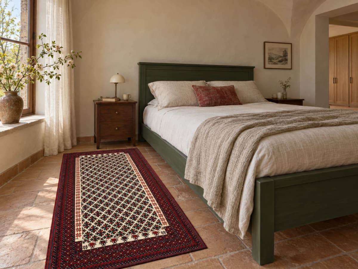 Tapis persan baloutche, oriental, 100x182 cm, principalement rouge — Dans une pièce