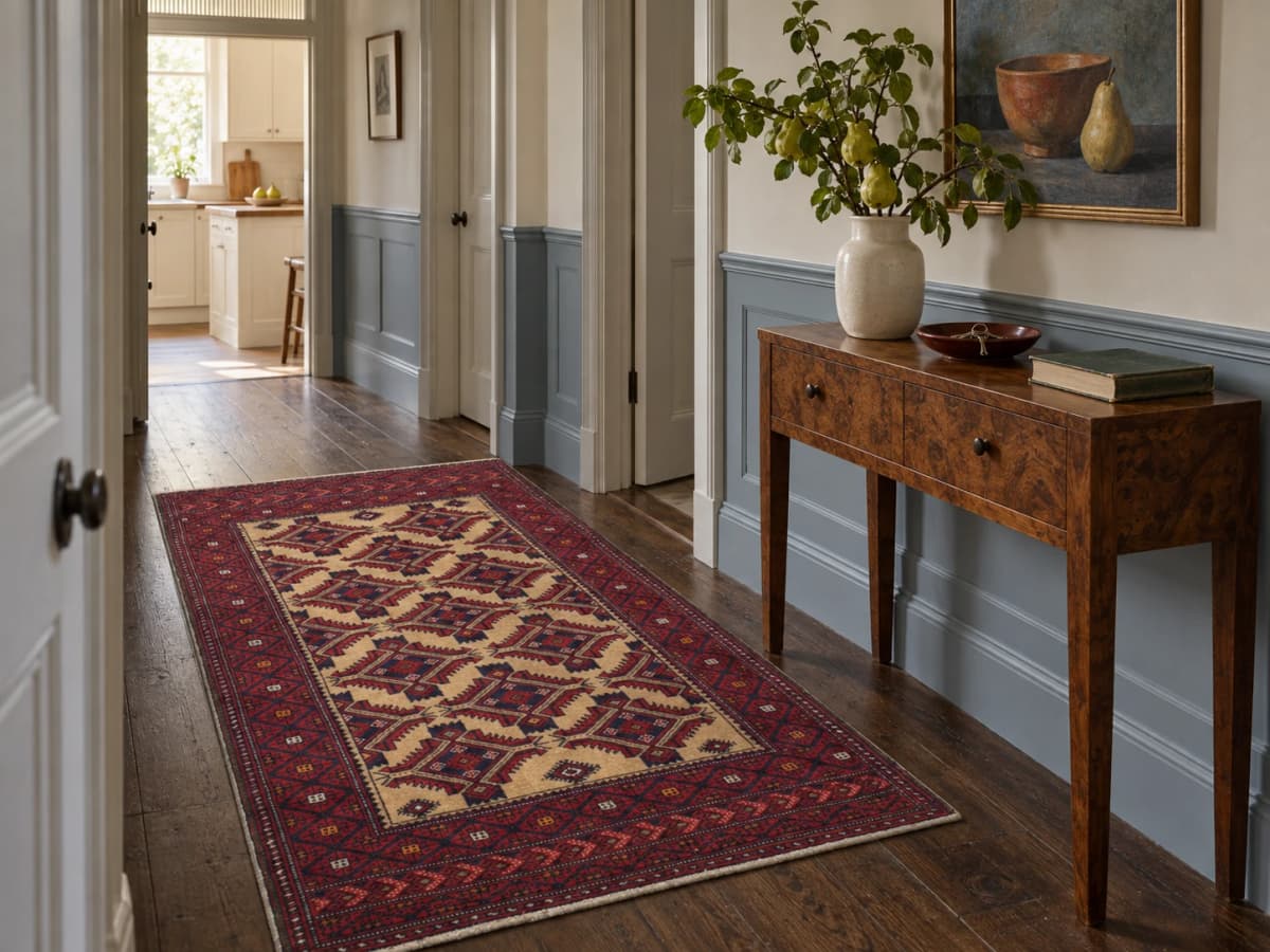 Perserteppich, orientalisch, 100x168 cm, überwiegend in Rot und Beige — Im Raum