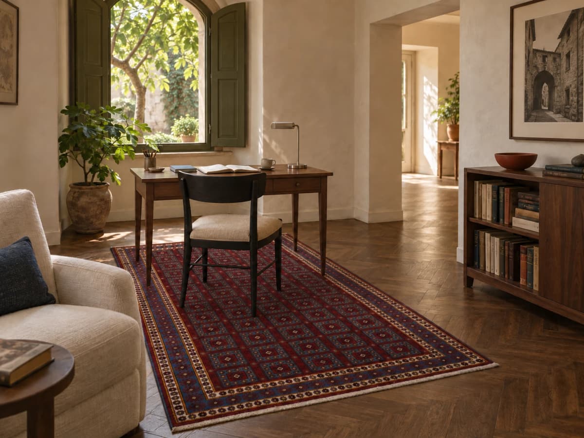 Tapis persan, oriental, 140x250 cm, principalement rouge et bleu — Dans une pièce
