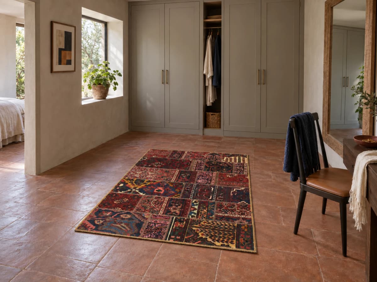 Tapis patchwork persan Rey, 119x179 cm, principalement rouge — Dans une pièce