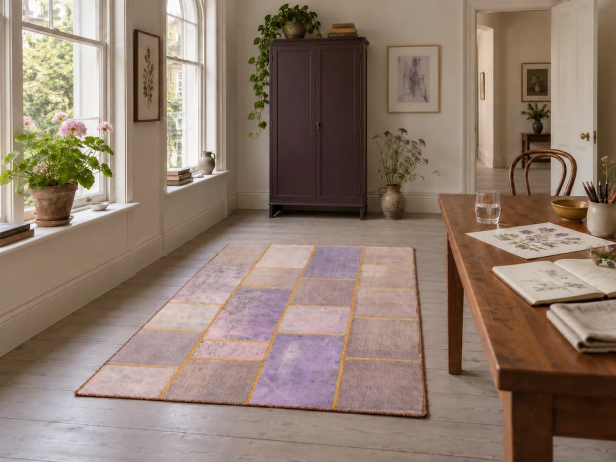 Persischer Patchwork-Teppich Rey, 119x165 cm, überwiegend in Lila — Im Raum