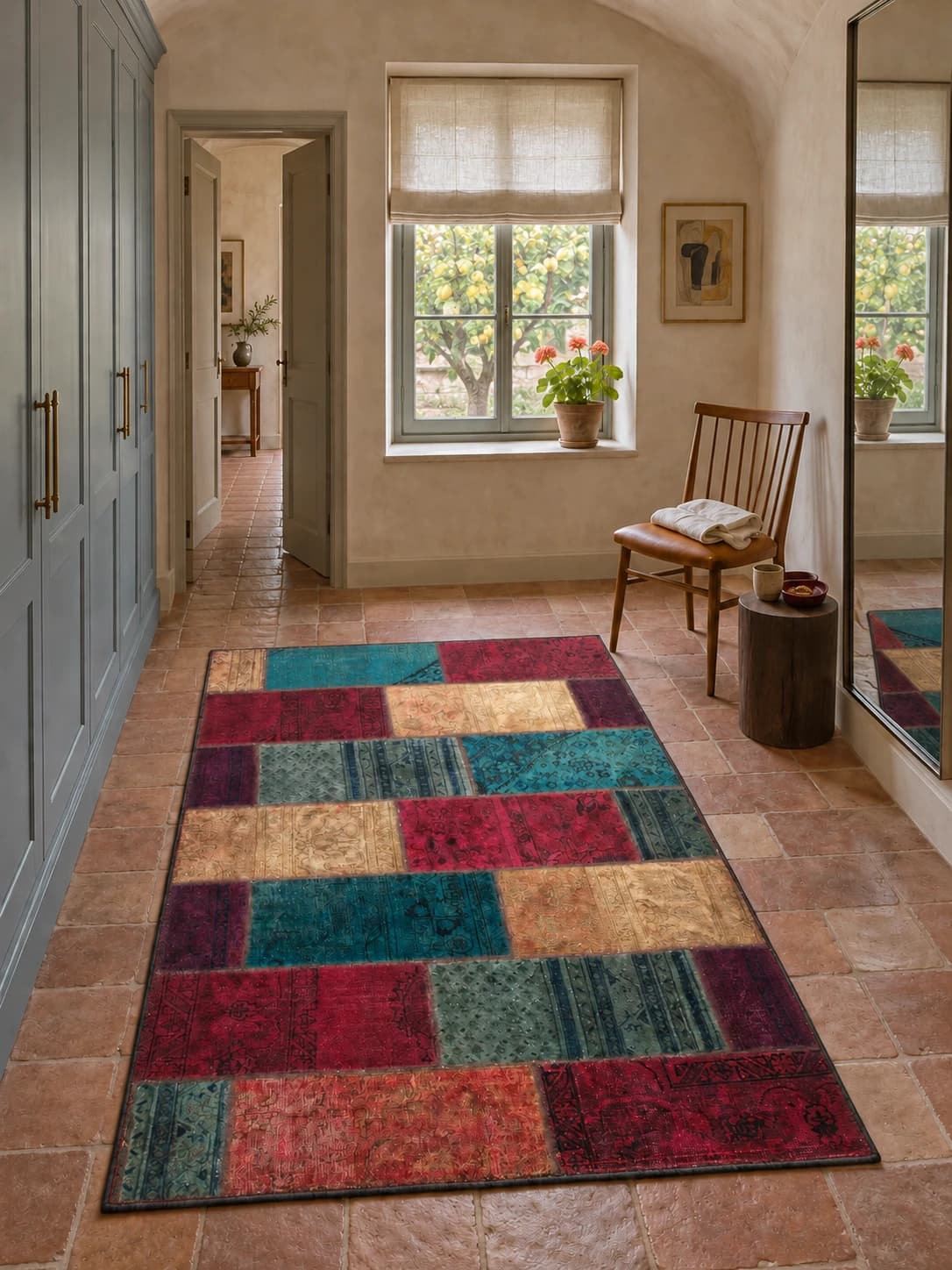 Persischer Patchwork-Teppich Rey, 138x208 cm, überwiegend in Türkis und Rot — Im Raum