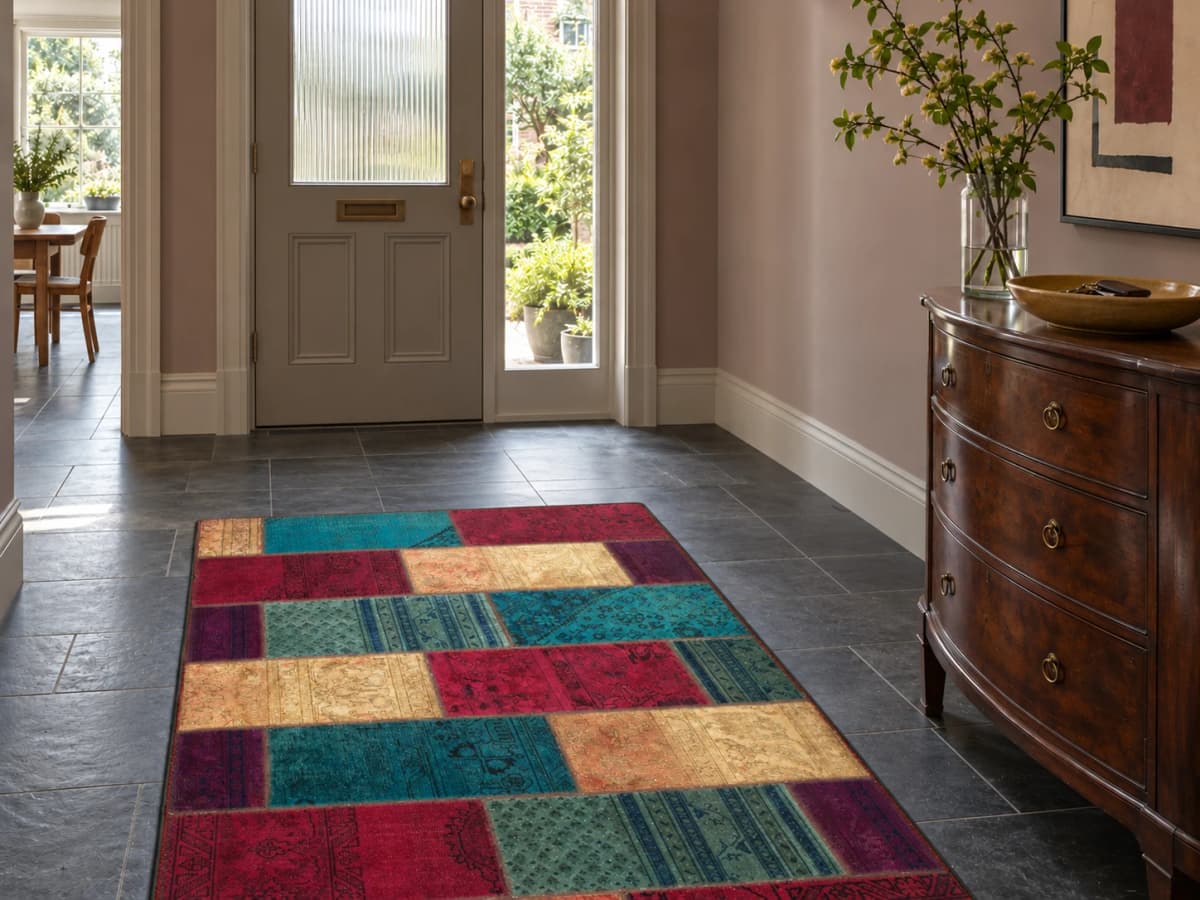 Persischer Patchwork-Teppich Rey, 138x208 cm, überwiegend in Türkis und Rot — Im Raum