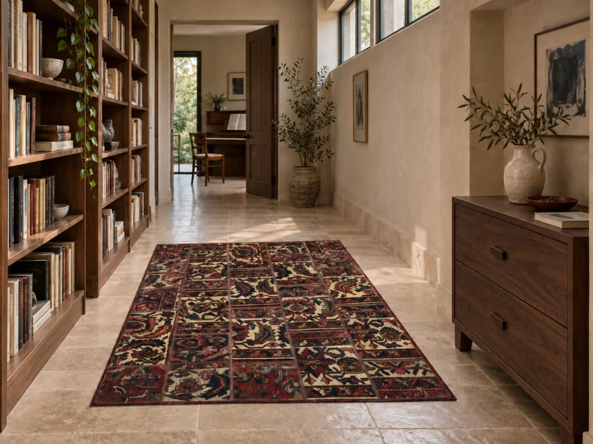 Tapis patchwork persan Rey, 150x207 cm, principalement rouge et beige — Dans une pièce