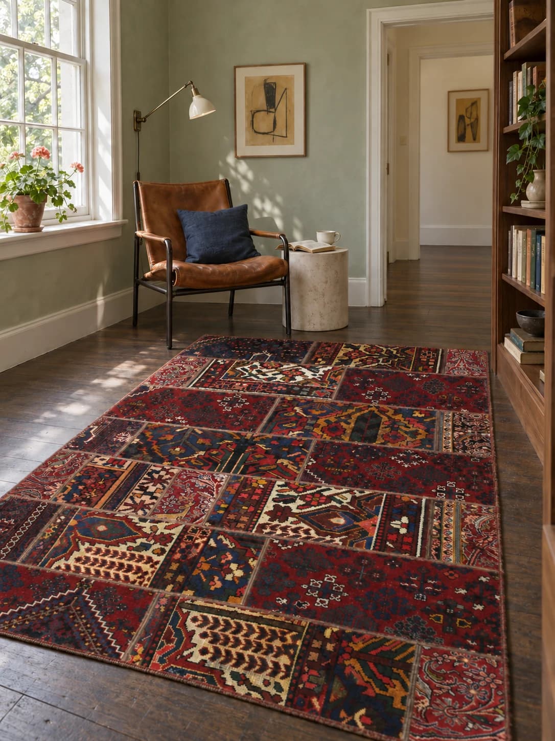 Persischer Patchwork-Teppich Rey, 136x207 cm, überwiegend in Rot — Im Raum