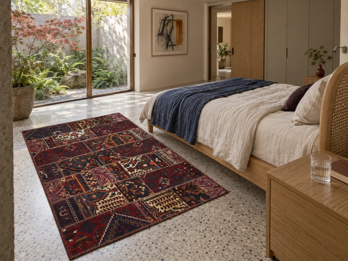 Persischer Patchwork-Teppich Rey, 136x207 cm, überwiegend in Rot — Im Raum