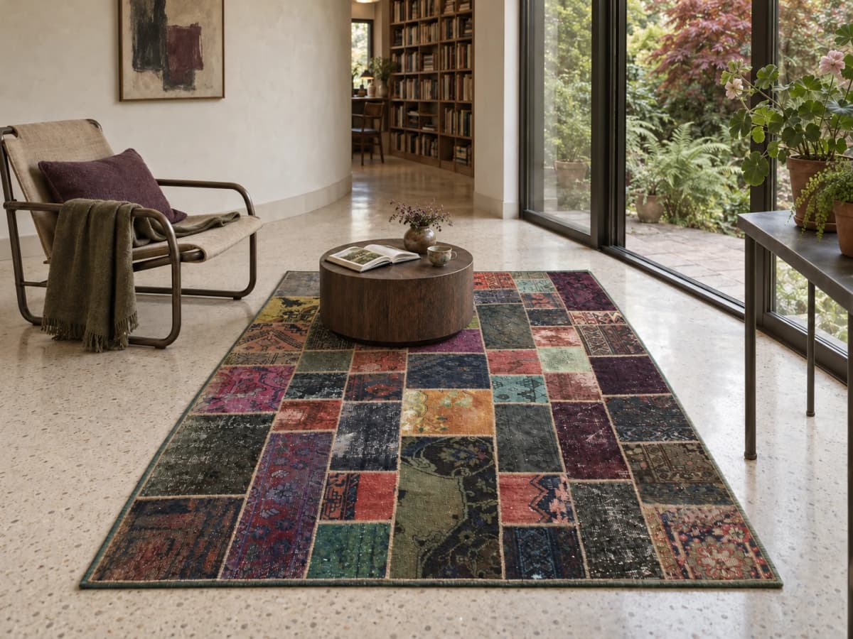 Persischer Patchwork-Teppich Rey, 168x220 cm, bunt — Im Raum