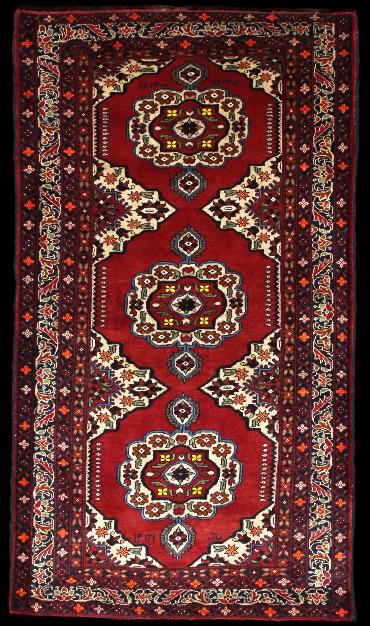 Persian rug of Baluch style in dimensions 198 centimeters length by 111 centimeters width with mainly red and orange colors