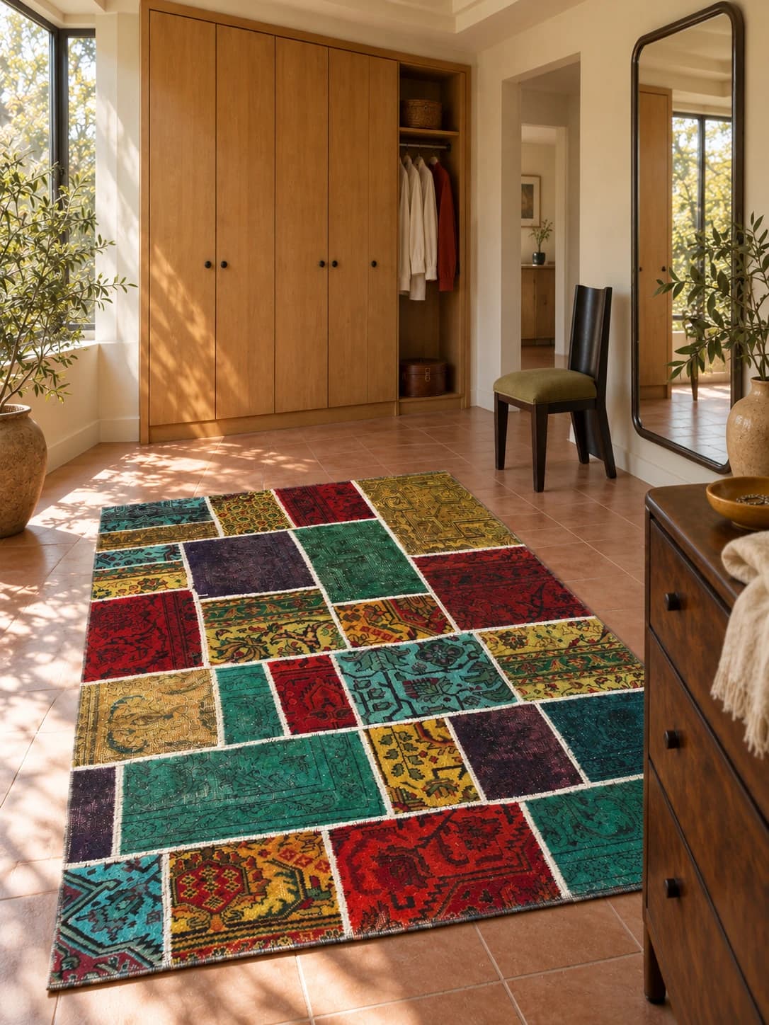 Persischer Patchwork-Teppich Rey, 136x200 cm, überwiegend in Rot und Grün — Im Raum